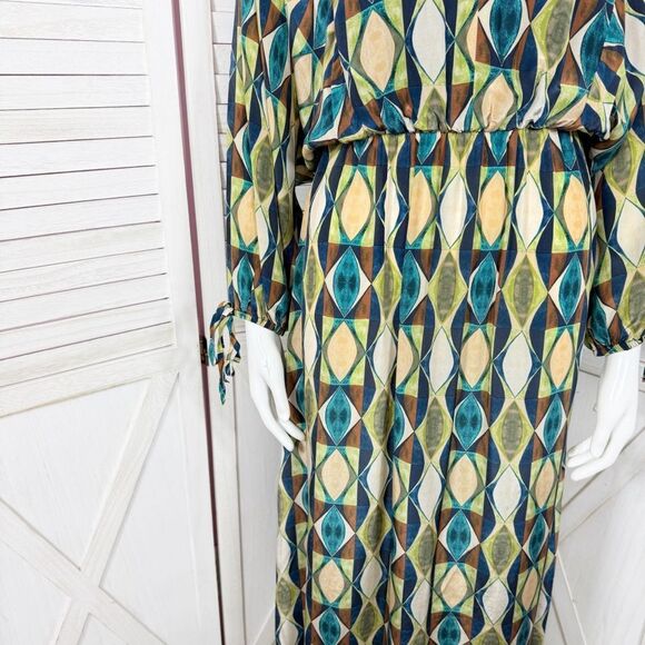 Zara Geometric Print Sateen Maxi Dress Green Blue Tan Long Sleeve Small - Picture 7 of 13